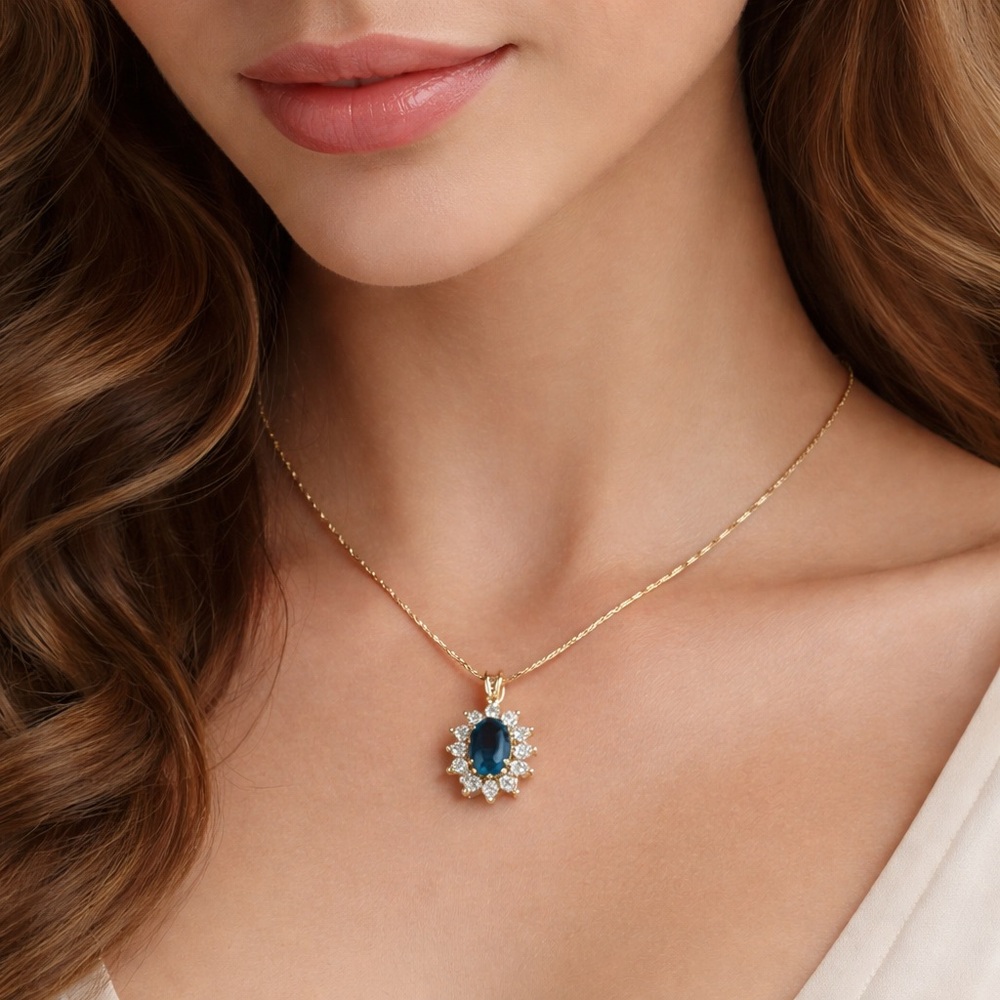 Gold-Tone Blue Simulated Sapphire Halo Pendant Necklace 17”